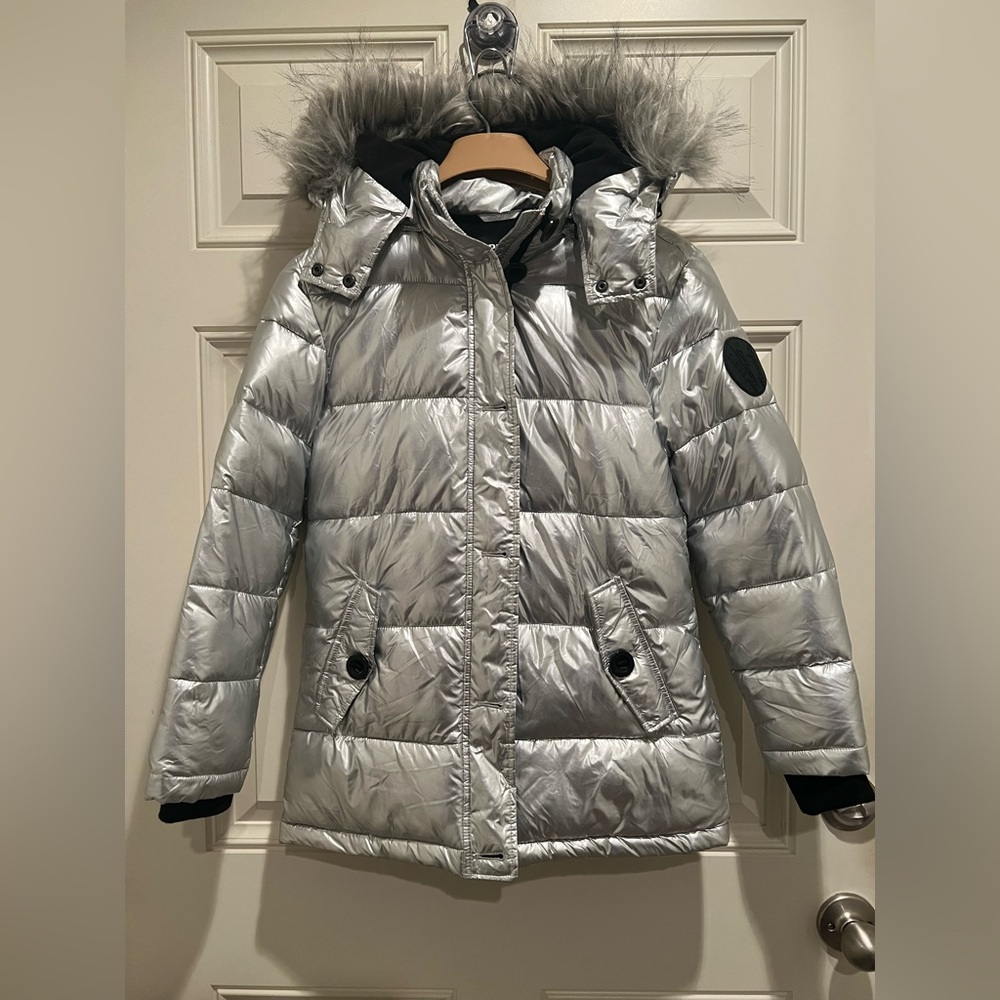Diesel woman’s winter coat goose down faux fur hood size xs/s jacket metallic